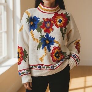 Vintage J.Christopher Floral Knit Turtleneck Sweater Multicolor Size L